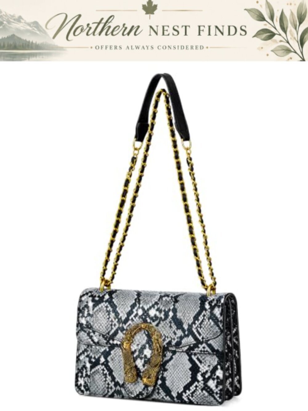 Snake Print Crossbody Purse Faux Snake PU Leather Chain Strap Shoulder Bag